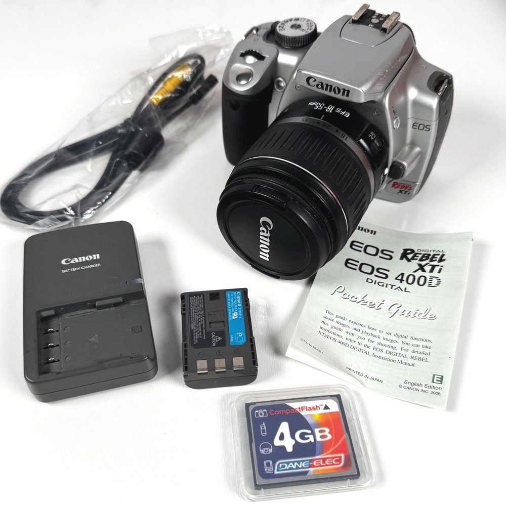 Canon EOS Digital Rebel XTi DSLR Camera 18-55mm Silver 10.1MP Battery Charger 4g